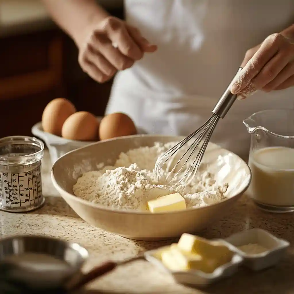 Baker whisking together flour, baking powder, and salt for a gender reveal cake.