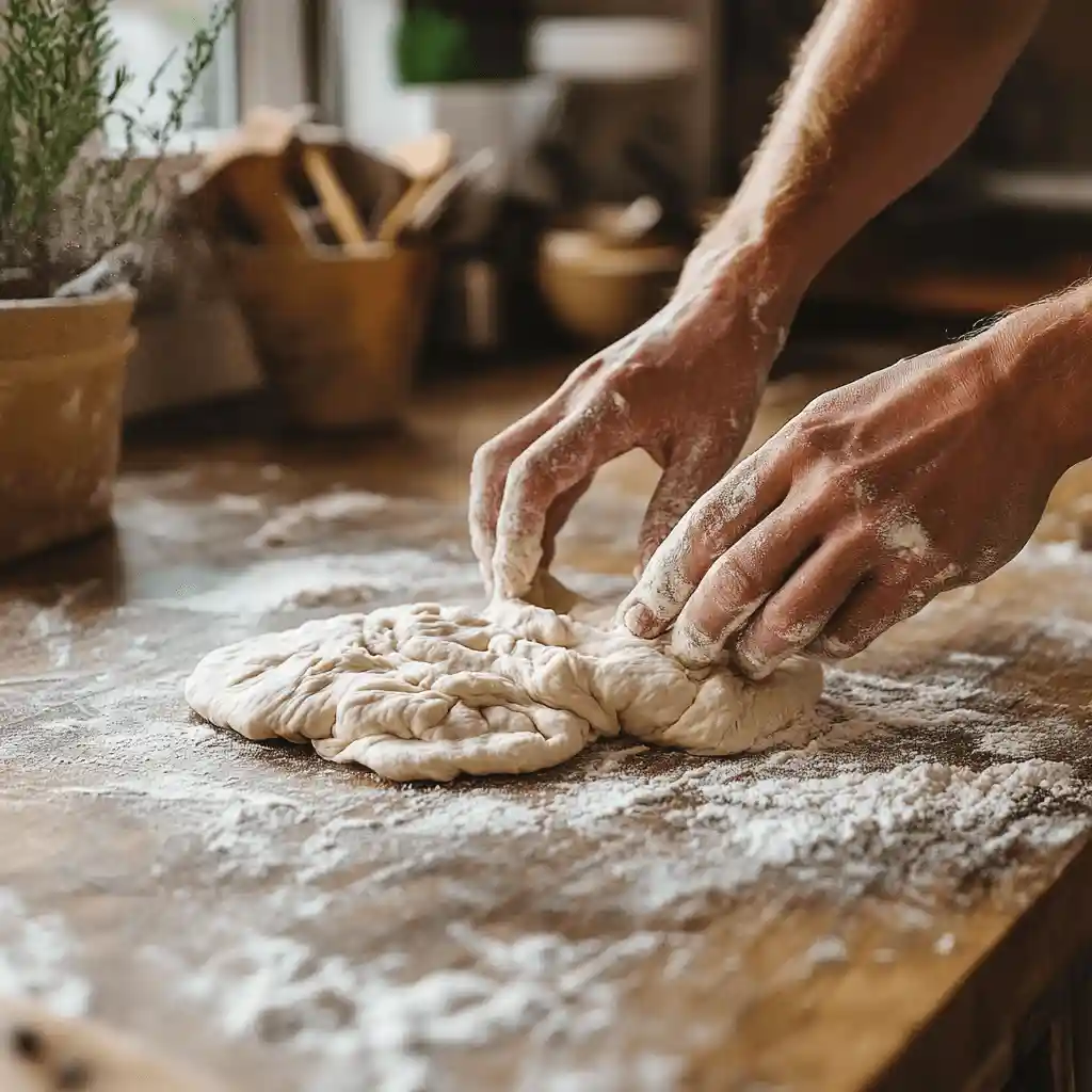 Close-up of hands mixing and kneading ingredients for laminated dough on a wooden countertop, with flour, sugar, salt, and yeast visible. The kitchen is rustic and warm, with natural light streaming through the window.