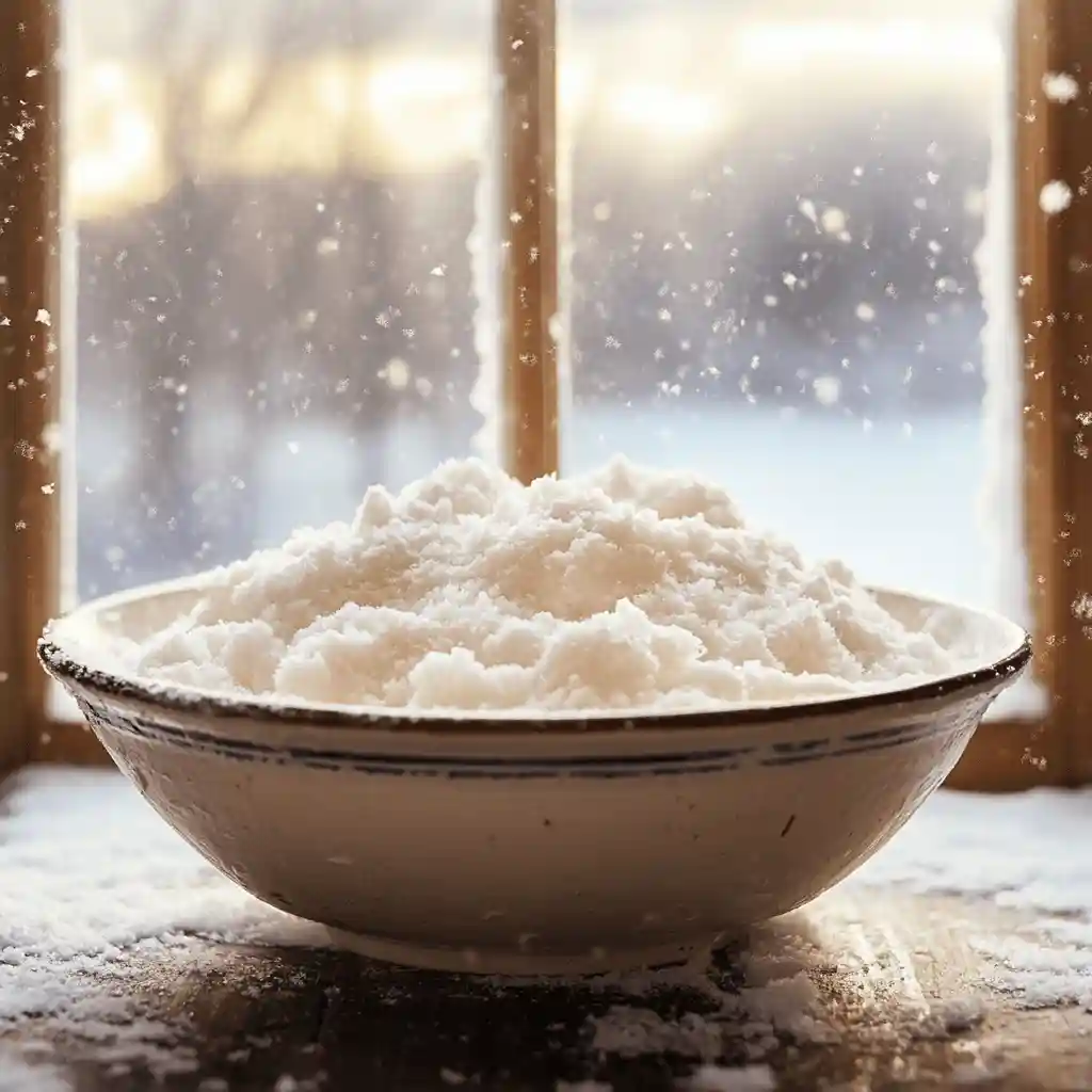 A large bowl filled with fresh, clean snow on a wooden table, with a cozy winter scene visible through a nearby window, showcasing snow falling gently outside.
