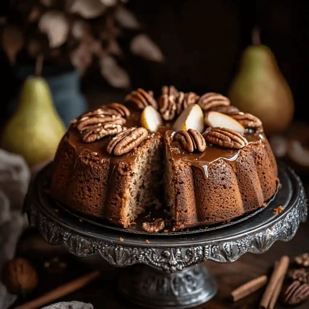 Spiced pear and pecan cake sliced to reveal a tender crumb, topped with toasted pecans and caramel drizzle, set on a vintage cake stand with autumn decor