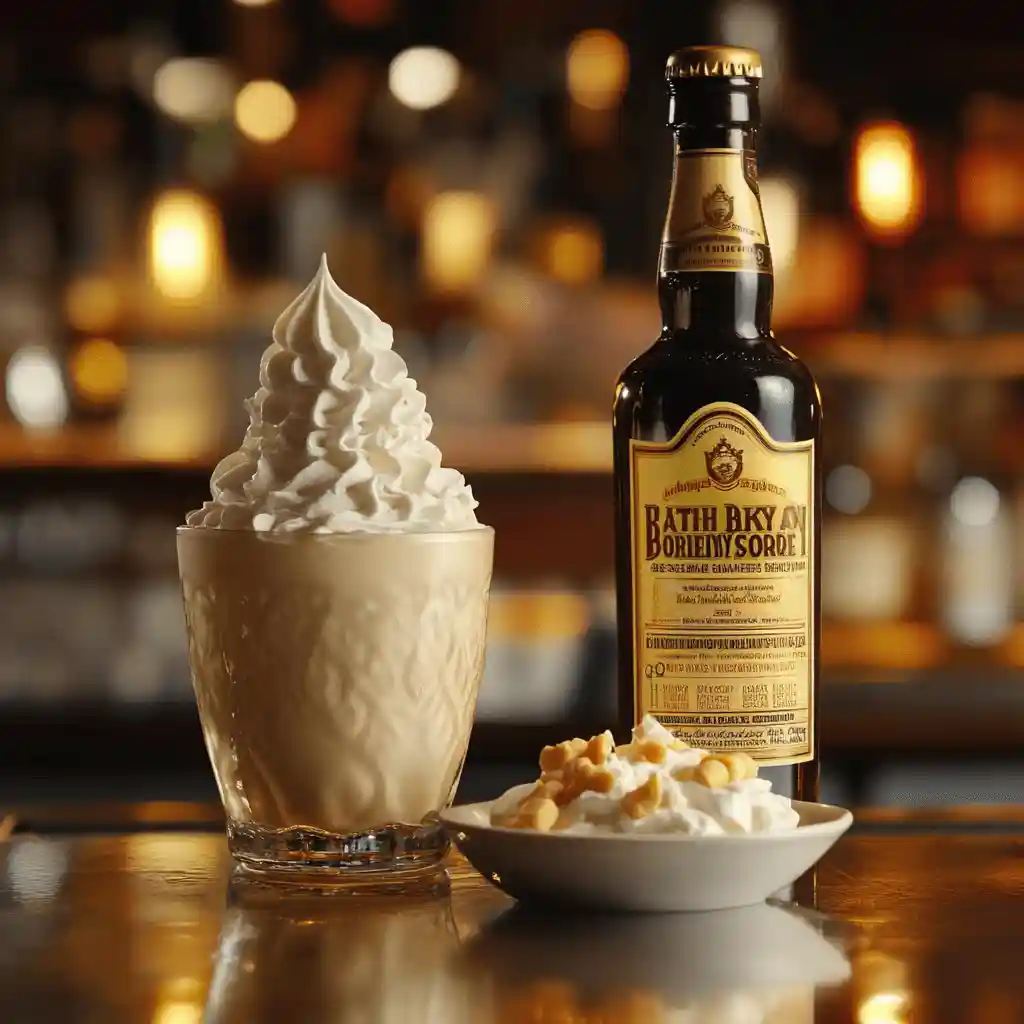 Ingredients for a Buttery Nipple Shot: Baileys Irish Cream, Butterscotch Schnapps, and whipped cream arranged on a bar counter with warm lighting.