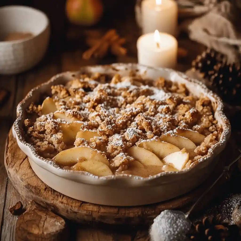 Warm cinnamon apple crumble with a golden, crispy topping, served in a rustic baking dish with fresh apple slices and a sprinkle of cinnamon.