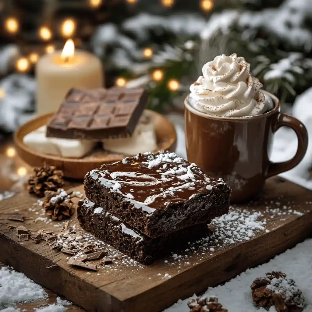 Decadent hot chocolate fudge brownies topped with melted dark chocolate, served with a steaming mug of hot cocoa and whipped cream, in a cozy winter setting.