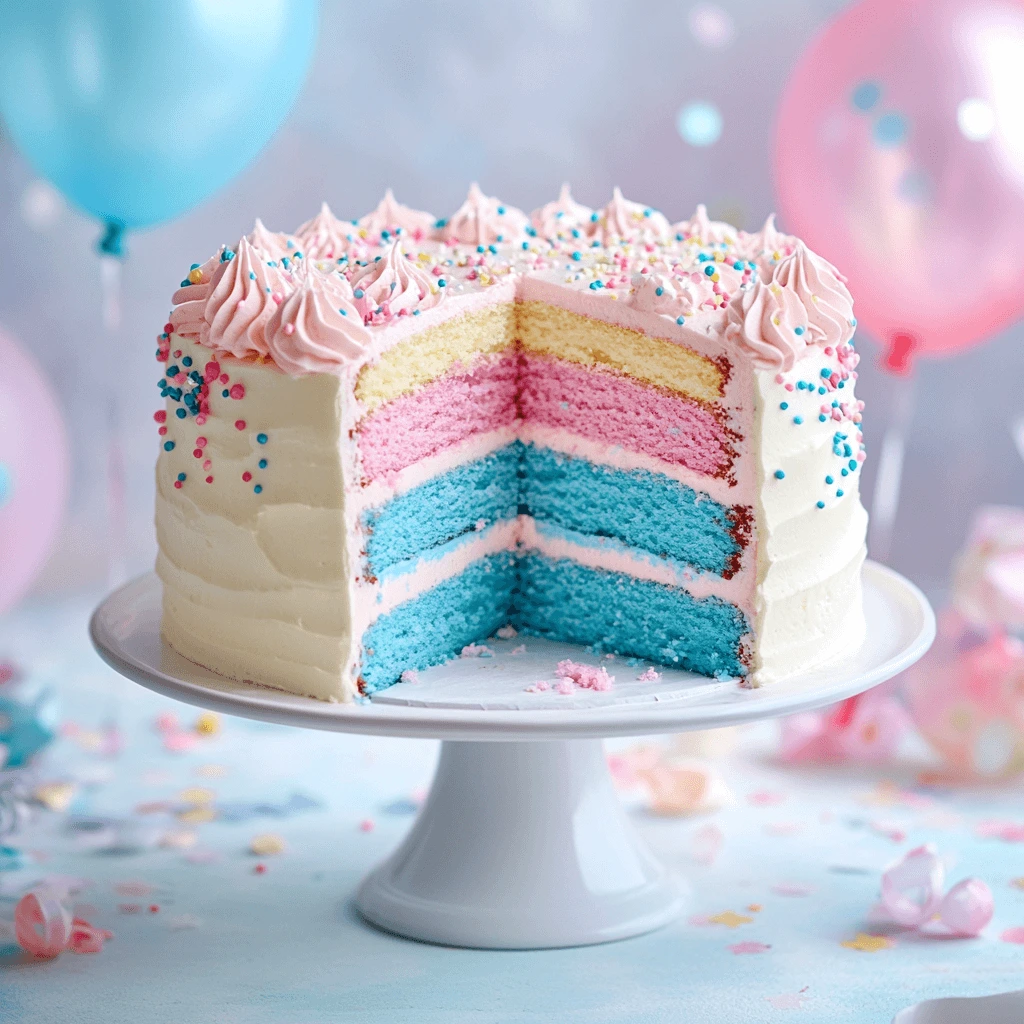 Gender reveal cake with pink and blue layers, decorated with pastel frosting and festive decorations.