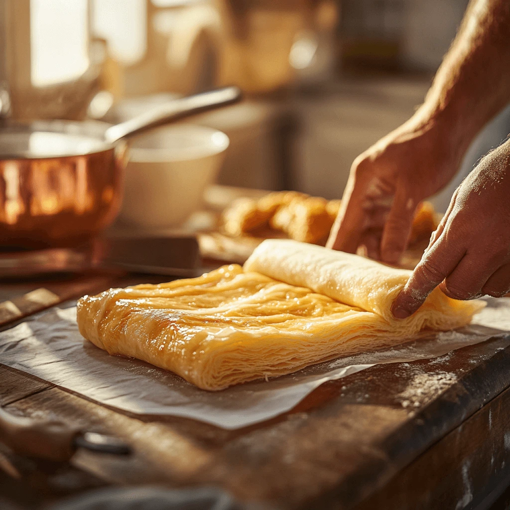 A rustic kitchen scene featuring a chef's hands rolling out laminated dough, with visible layers of butter in the dough. The countertop is lined with parchment paper, a rolling pin, and a dough scraper, while copper cookware decorates the background.